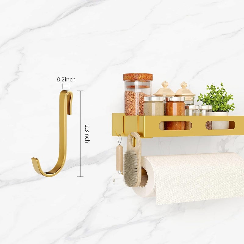 EffiJoy Paper Towel Holder Wall Mount for Kitchen, Paper Towel Holder with Shelf for Bathroom, RV Paper Towel Rack with 2 Hooks, Gold - Image 5